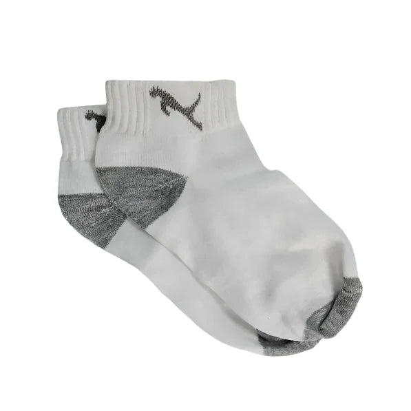 A pair of white ankle socks with grey toes and heels, and a grey puma logo, against a white background.
