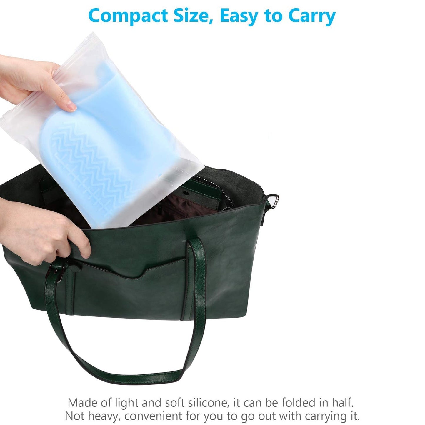 A person's hands placing a folded blue silicone shoe cover into a dark green handbag.