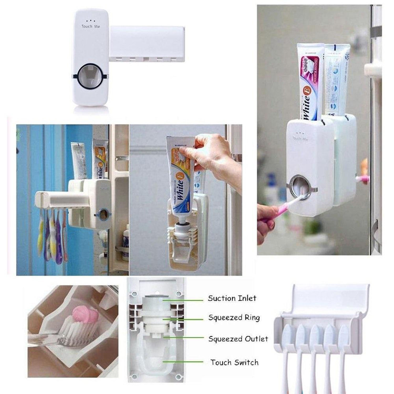 Collage of the dispenser and holder, showing different angles and how to insert toothpaste, with toothbrushes.