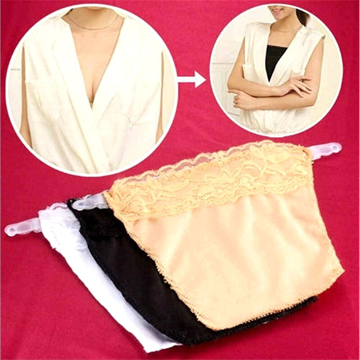 Three camisoles with two circular insets showing a woman's chest with and without a camisole.