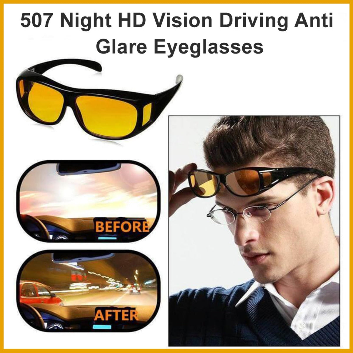 A promotional image showing yellow-lensed wrap-around glasses, a man wearing them over prescription glasses, and 'before and