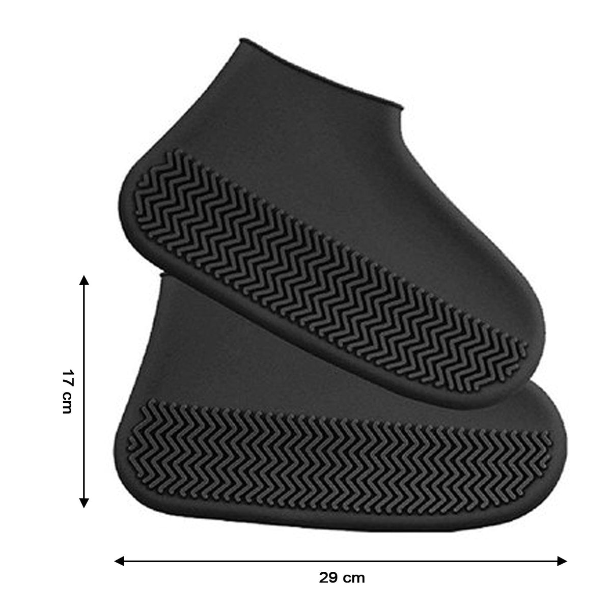 A person stretches a black silicone shoe cover over a shoe, demonstrating its flexibility and durability.