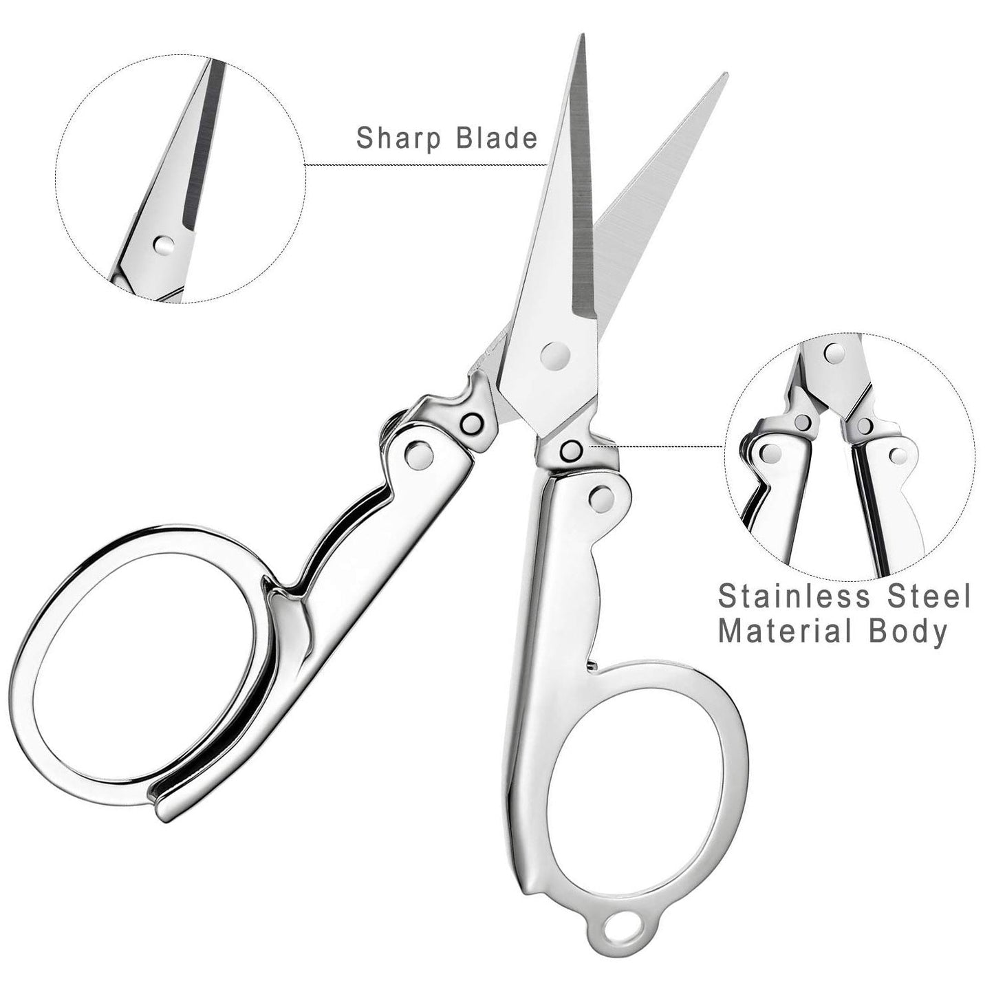 An open silver folding scissor is shown with callouts for its sharp blade and stainless steel body.