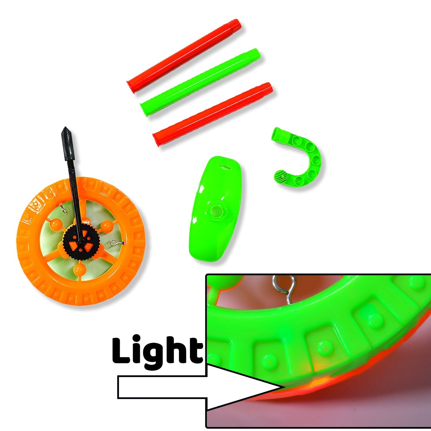Dynamic shot of the single wheel push toy's light feature in action.