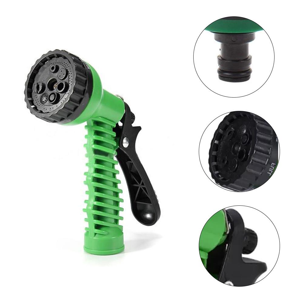 A green and black hose nozzle with three circular insets showing close-ups of the nozzle's parts.