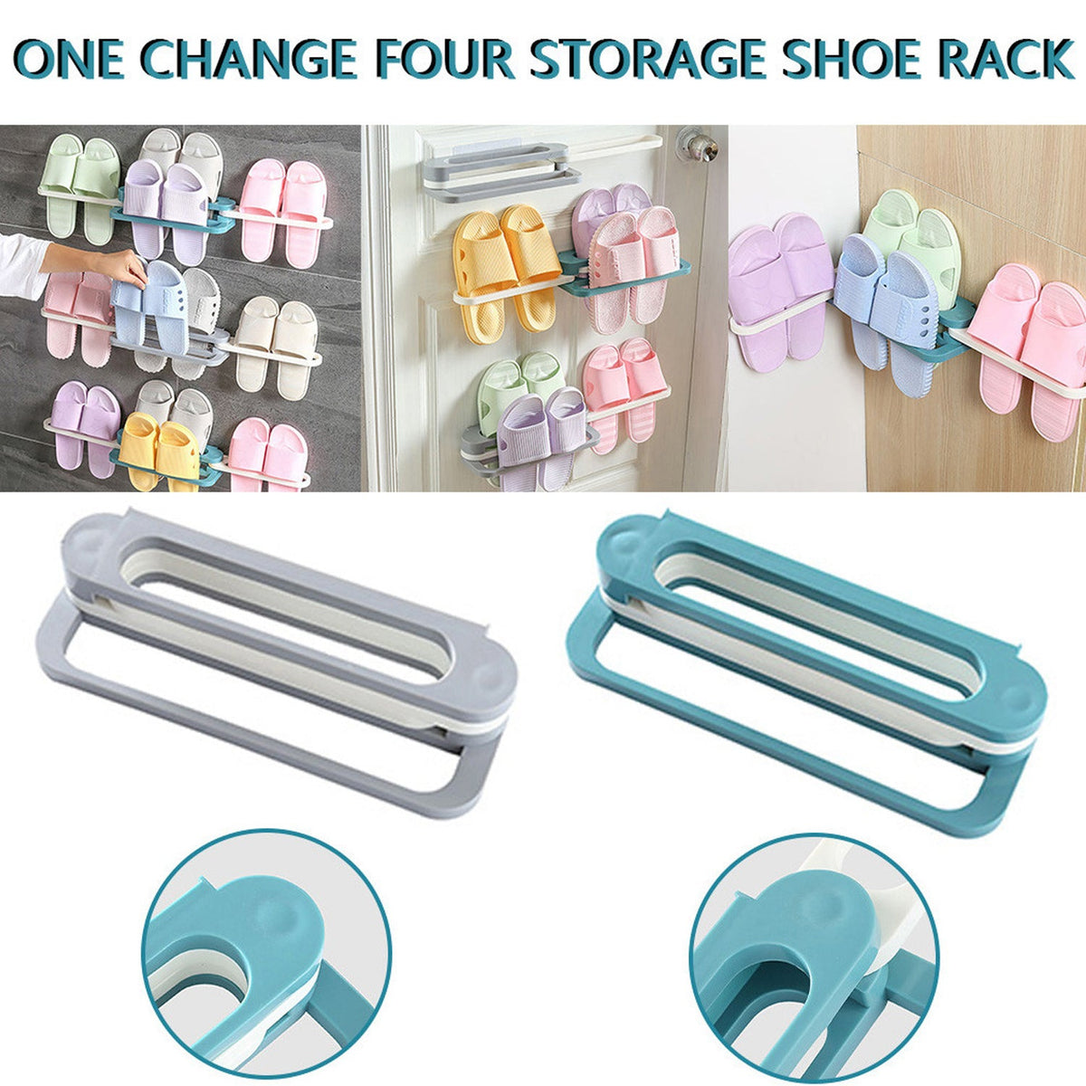 A collage showing the folding shoe rack in use and close-ups of the gray and teal versions.