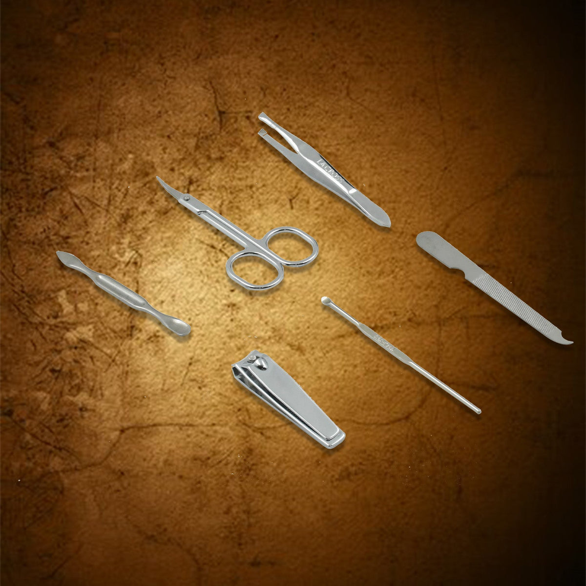 The complete 6-in-1 stainless steel manicure set presented with its sturdy travel case.