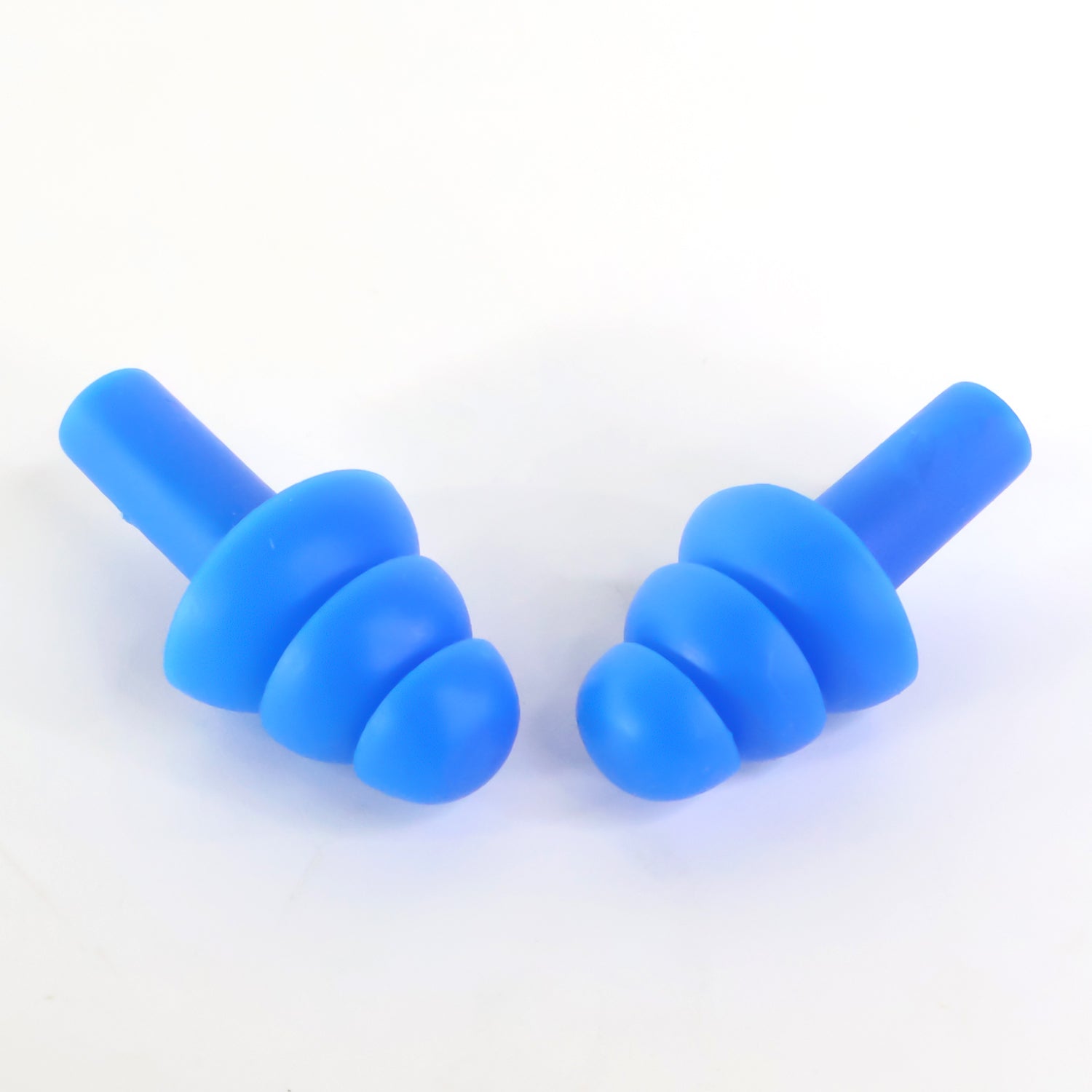 A pair of blue silicone earplugs with a triple-flange design are displayed side-by-side on a white background.