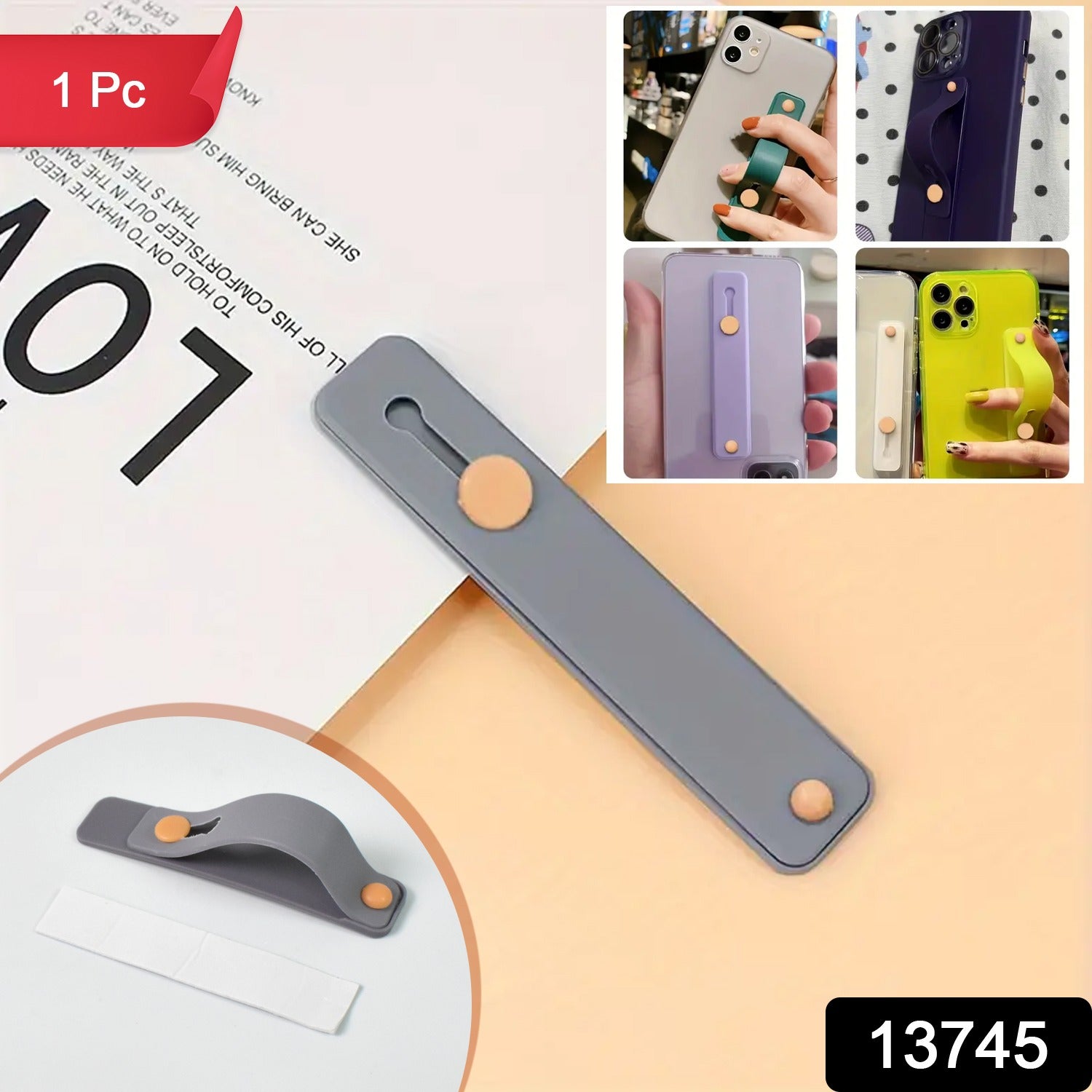 A gray silicone phone grip with orange buttons, next to a white adhesive strip, with a collage of other color options.
