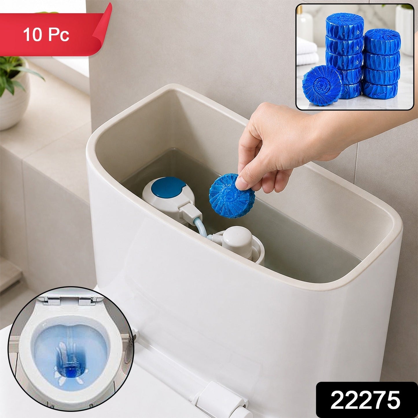 A hand drops a blue toilet cleaner tablet into a toilet tank, with an inset showing blue water in the bowl. 10 Pc banner.