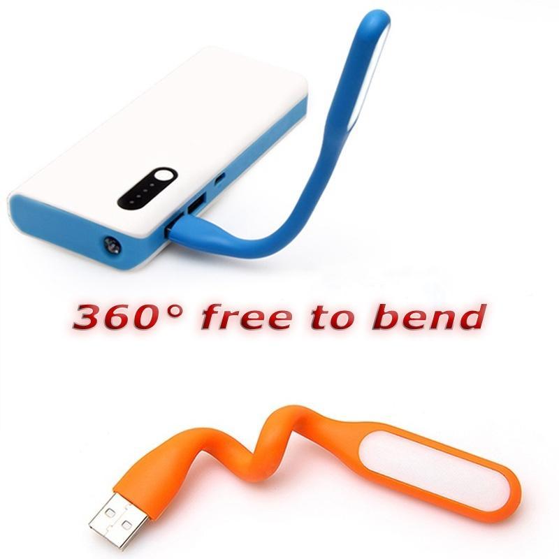 A blue flexible USB LED lamp plugged into a white power bank, and an orange lamp coiled below with text "360° free to bend".