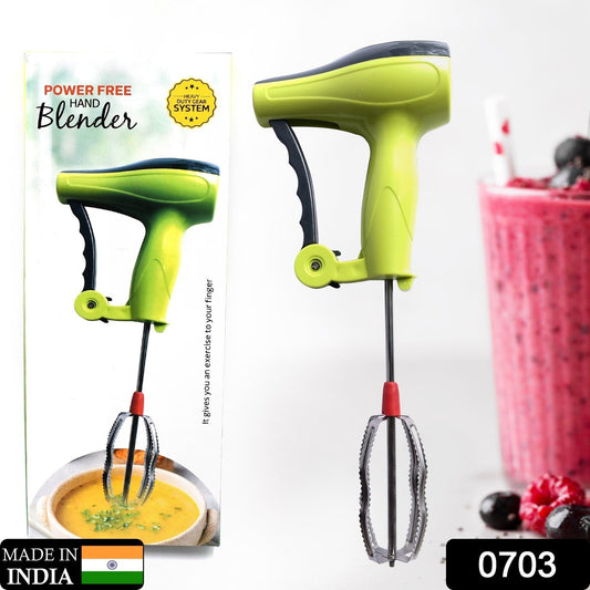 A person effortlessly using a manual hand blender to whisk eggs in a bowl.
