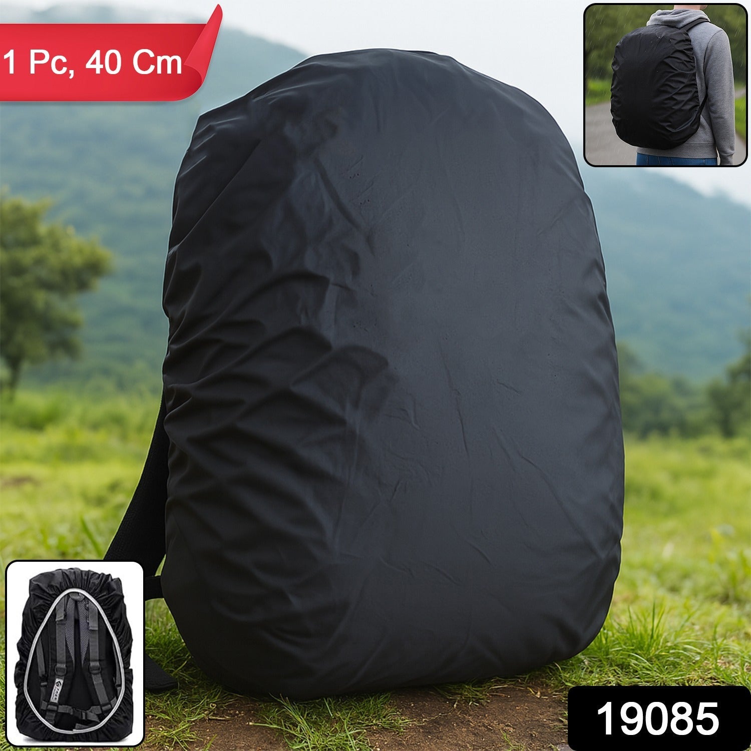 Black backpack rain cover on a backpack in a grassy outdoor setting, with an inset of a person wearing it.
