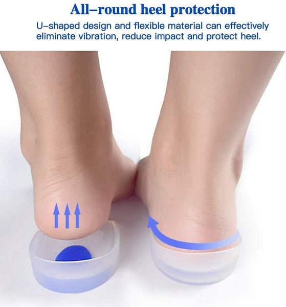 A person's bare feet show clear gel heel cups with blue centers, with arrows indicating heel protection features.