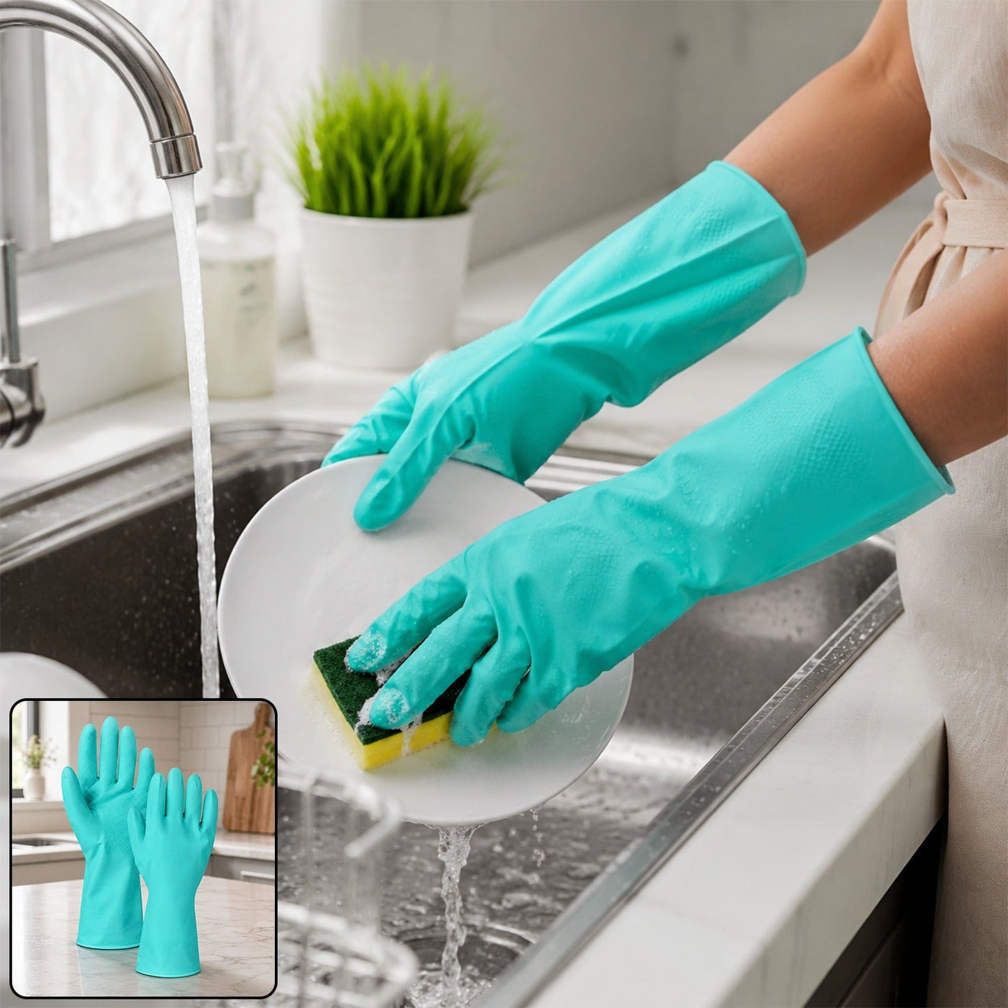 Hands in teal rubber gloves wash a white plate with a green sponge under running water in a kitchen sink, with an inset of