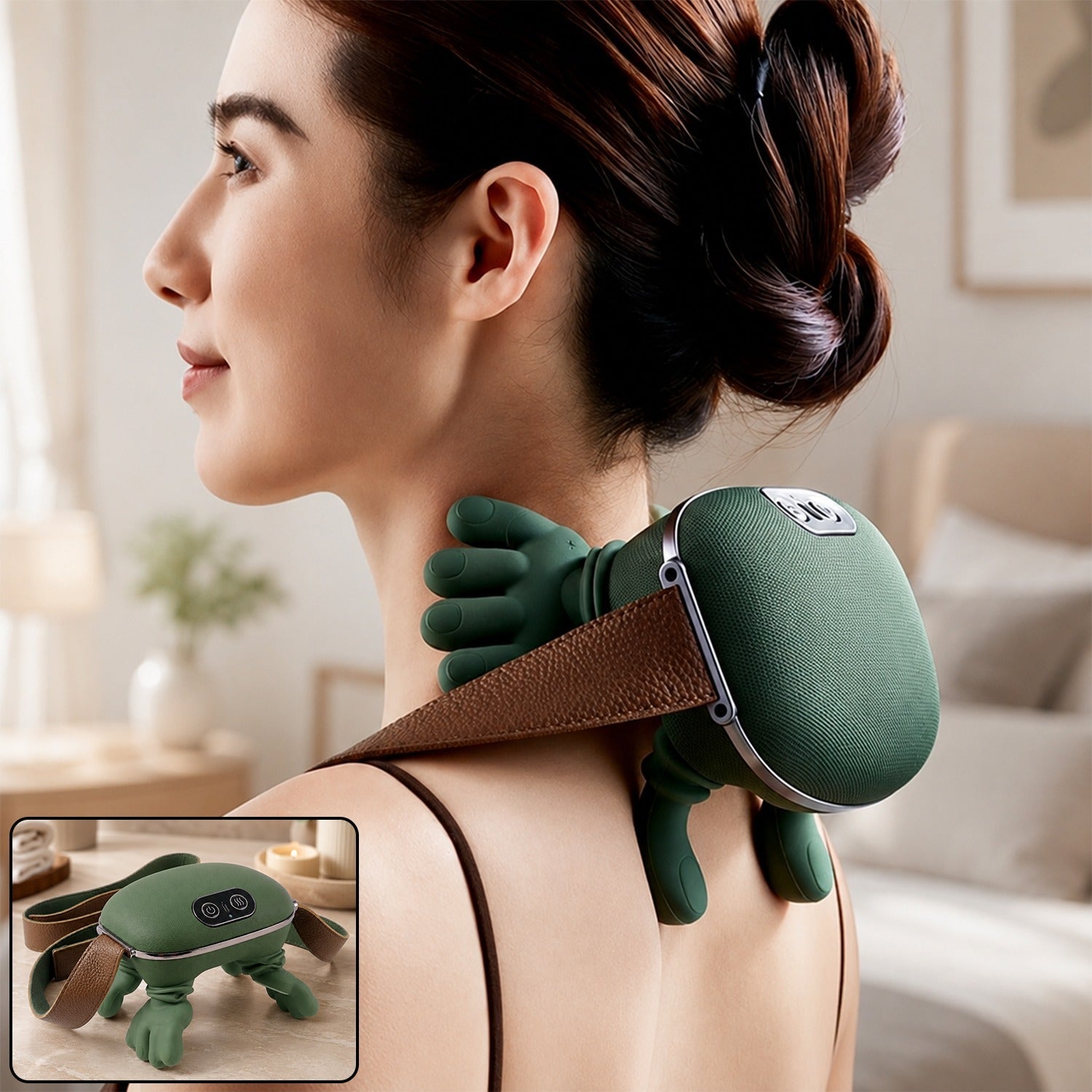 Green bionic neck massager worn on the shoulder for targeted neck relief
