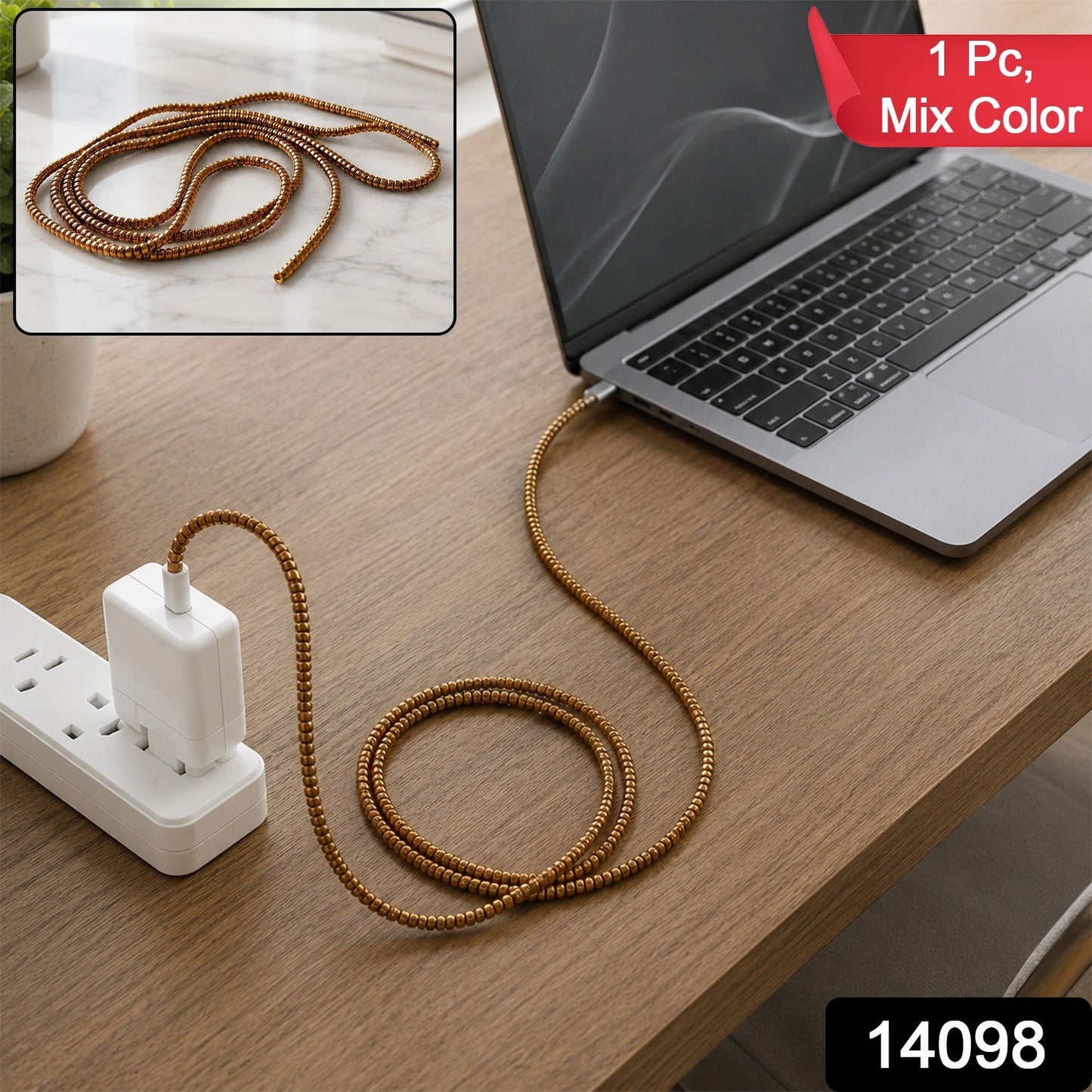 A brown spiral cable protector sleeve is installed on a white laptop charger cable, with a red "1 Pc, Mix Color" banner.