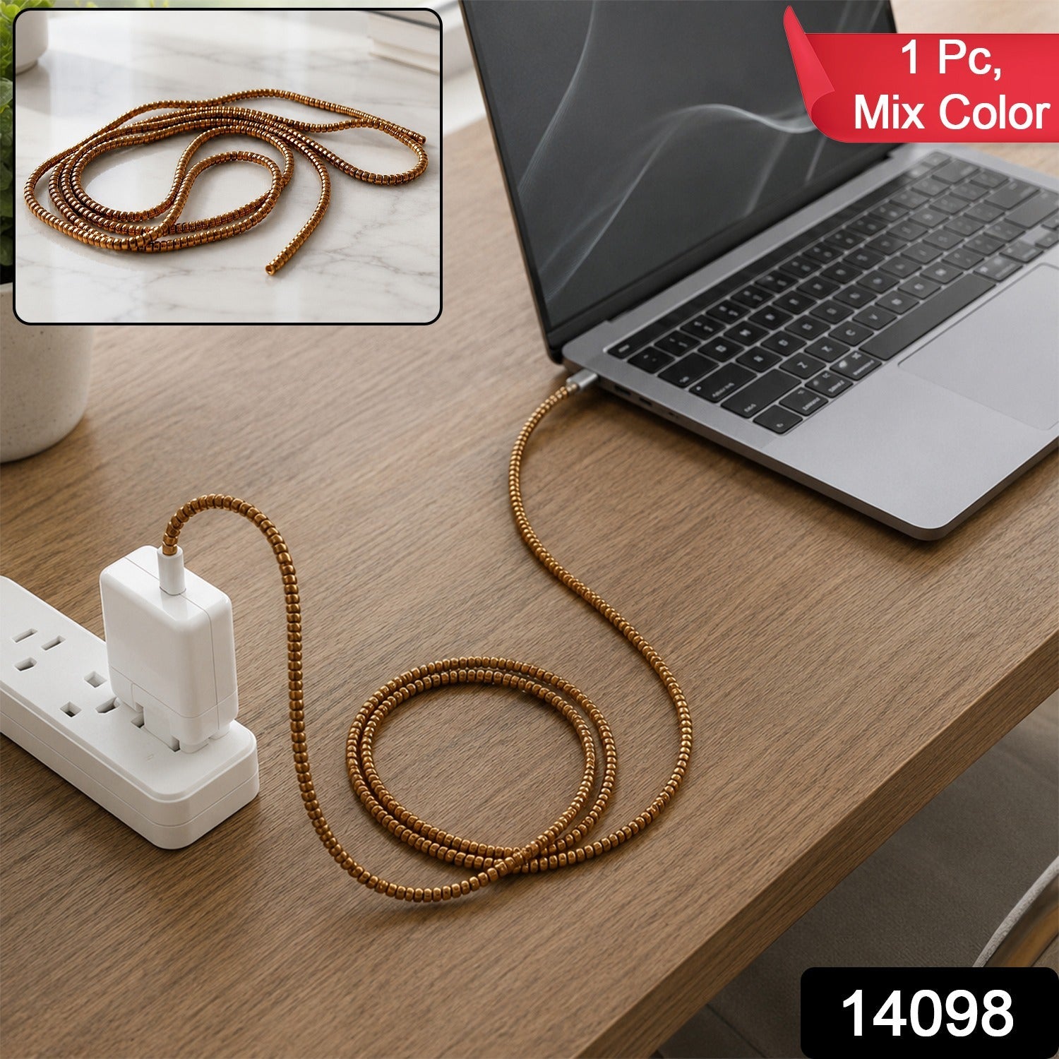 A brown spiral cable protector sleeve is installed on a white laptop charger cable, with a red "1 Pc, Mix Color" banner.