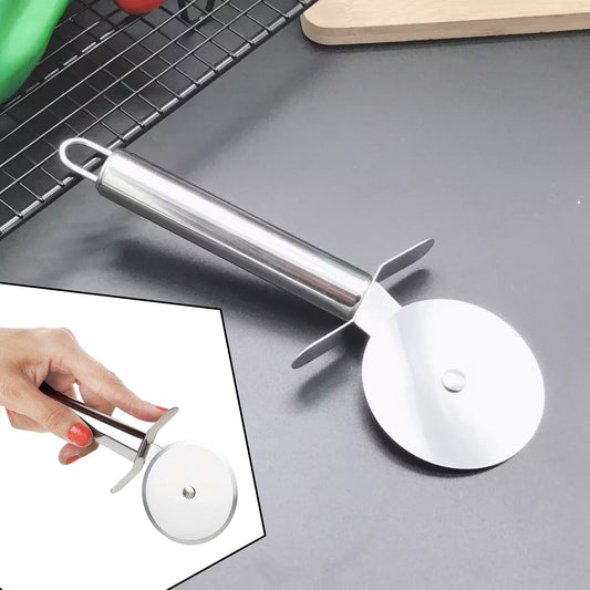 Stainless steel pizza cutter with an ergonomic handle for easy slicing.