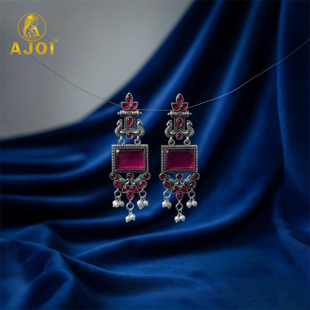 Premium Antique Silver Earrings with Pink Square Beads and Pearl Hangings.