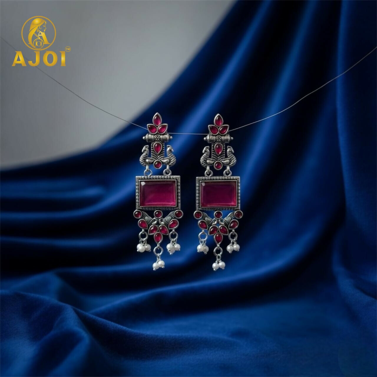 Premium Antique Silver Earrings with Pink Square Beads and Pearl Hangings.