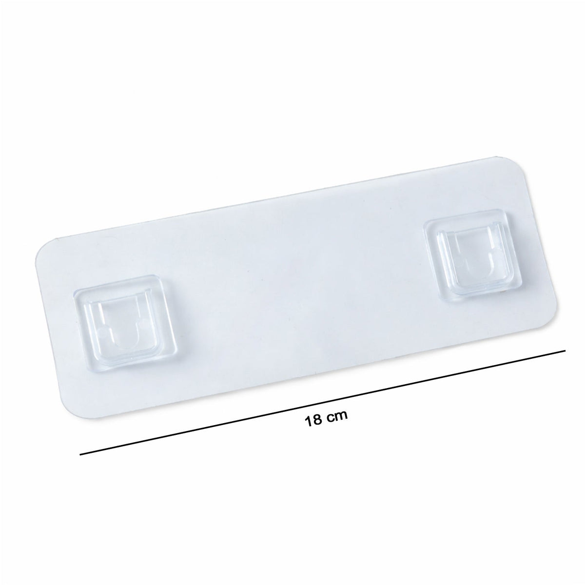 A clear plastic self-adhesive hanger with two hooks is shown with an 18 cm measurement line.