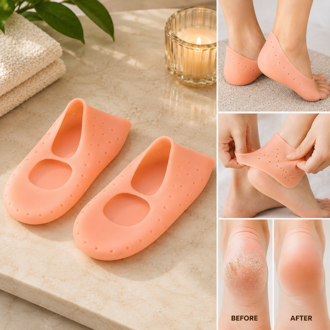 Two peach silicone heel socks on a marble counter with a candle and towels, showing feet before and after use.