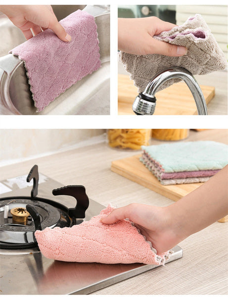 A collage shows a hand wiping a sink, a hand cleaning a faucet, and a hand wiping a stove with a pink towel.