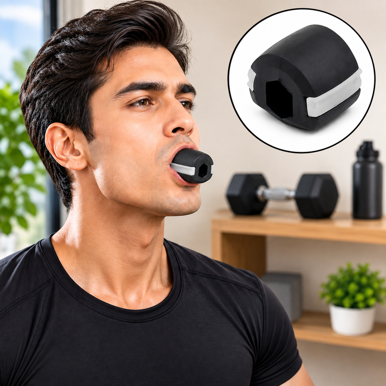 A man with dark hair and a black t-shirt uses a black and white jaw exerciser in his mouth.