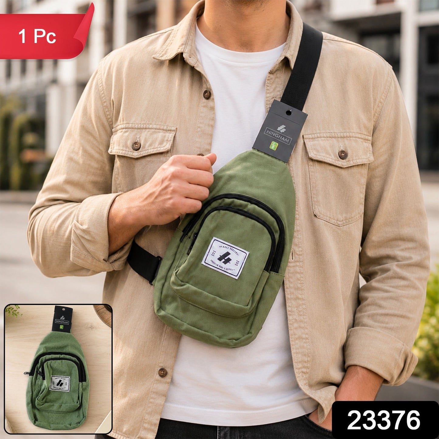 A man wearing a light brown shirt and a green canvas sling bag with a black strap over his chest, with a small inset image