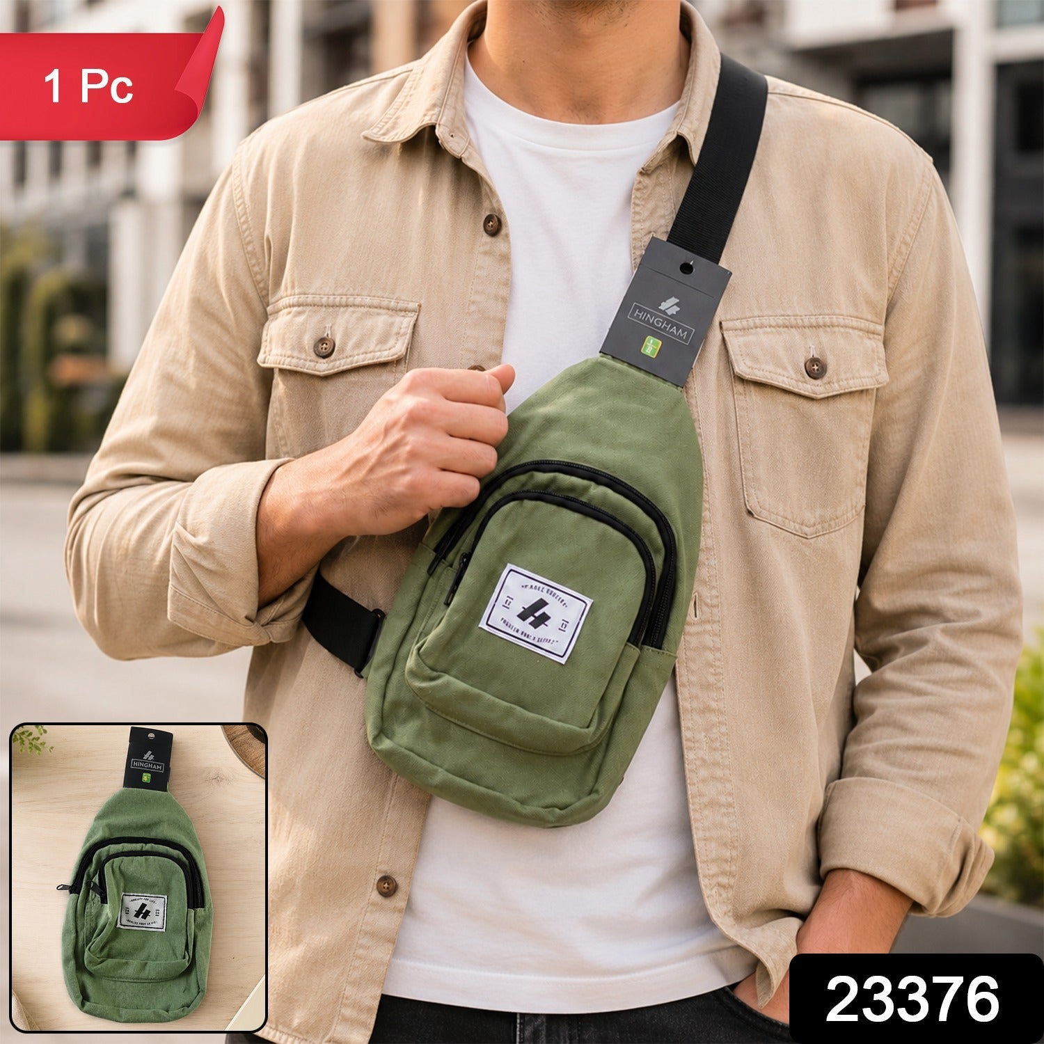 A man wearing a light brown shirt and a green canvas sling bag with a black strap over his chest, with a small inset image