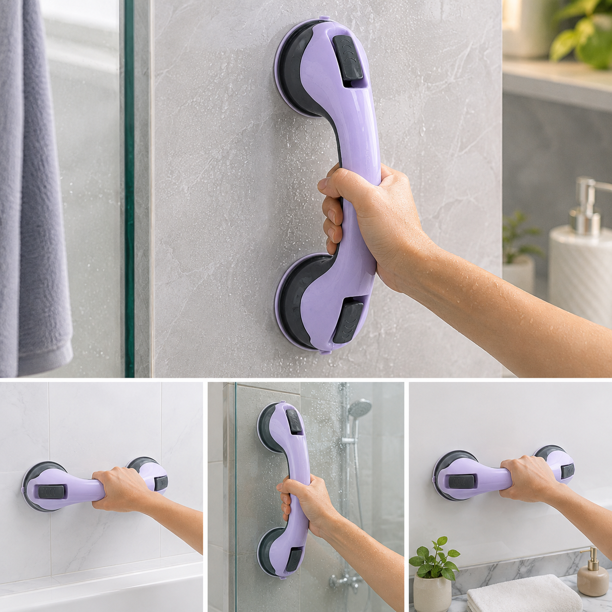 A hand holds a purple suction grip handle attached to a tiled bathroom wall, with a towel and sink in the background.