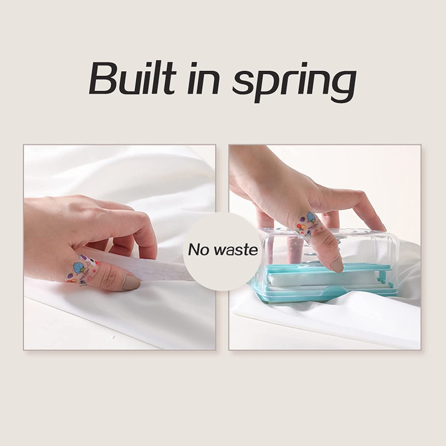 Two images show a hand rubbing a bar of soap and the dispenser on white fabric, highlighting no waste with the built-in
