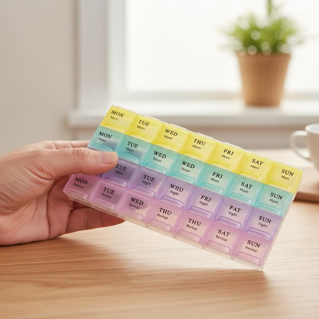 A hand holds the 28-slot, rainbow-colored pill organizer, showing its compact size.