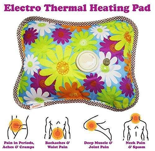 A colorful floral hot water bag with a white cap is shown with text indicating it's an "Electro Thermal Heating Pad" and