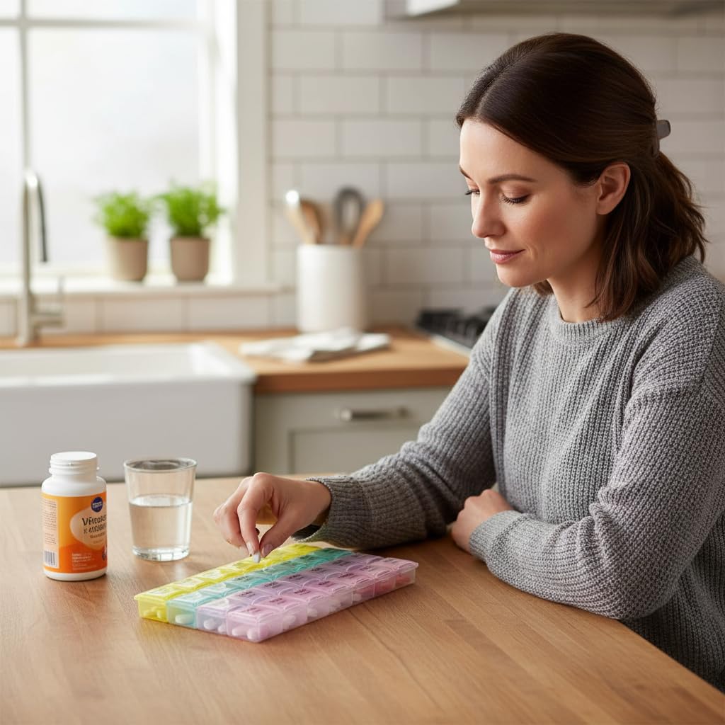 A woman sits at a wooden table, opening the rainbow-colored pill organizer next to a vitamin bottle and water glass.