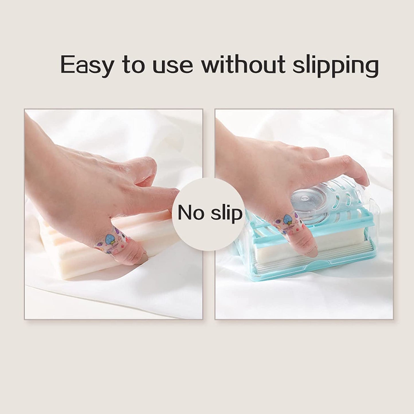 Two images show a hand rubbing a bar of soap and the dispenser on white fabric, demonstrating a non-slip grip.