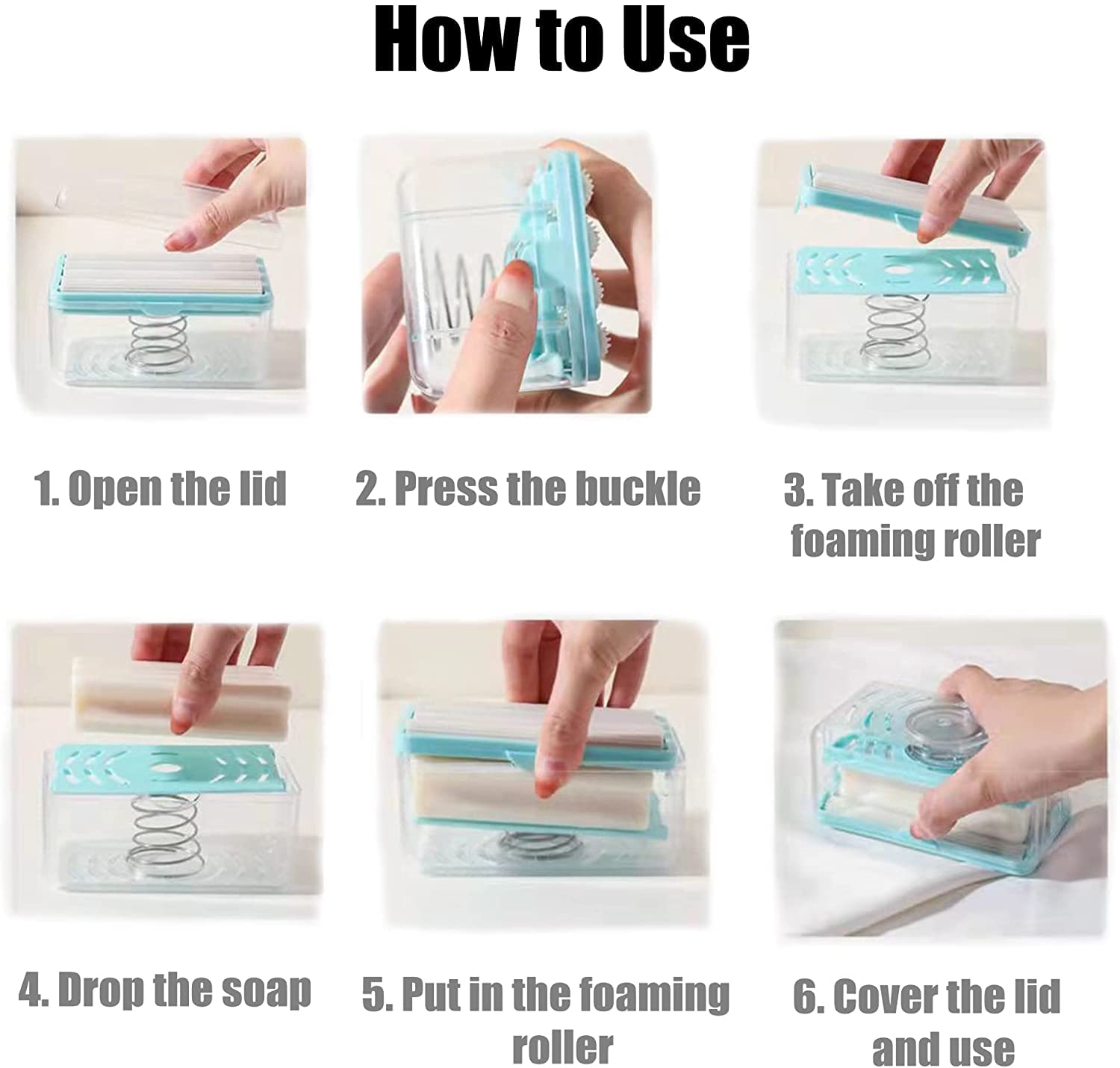 A six-panel instructional graphic showing how to open, load, and use the soap dispenser.