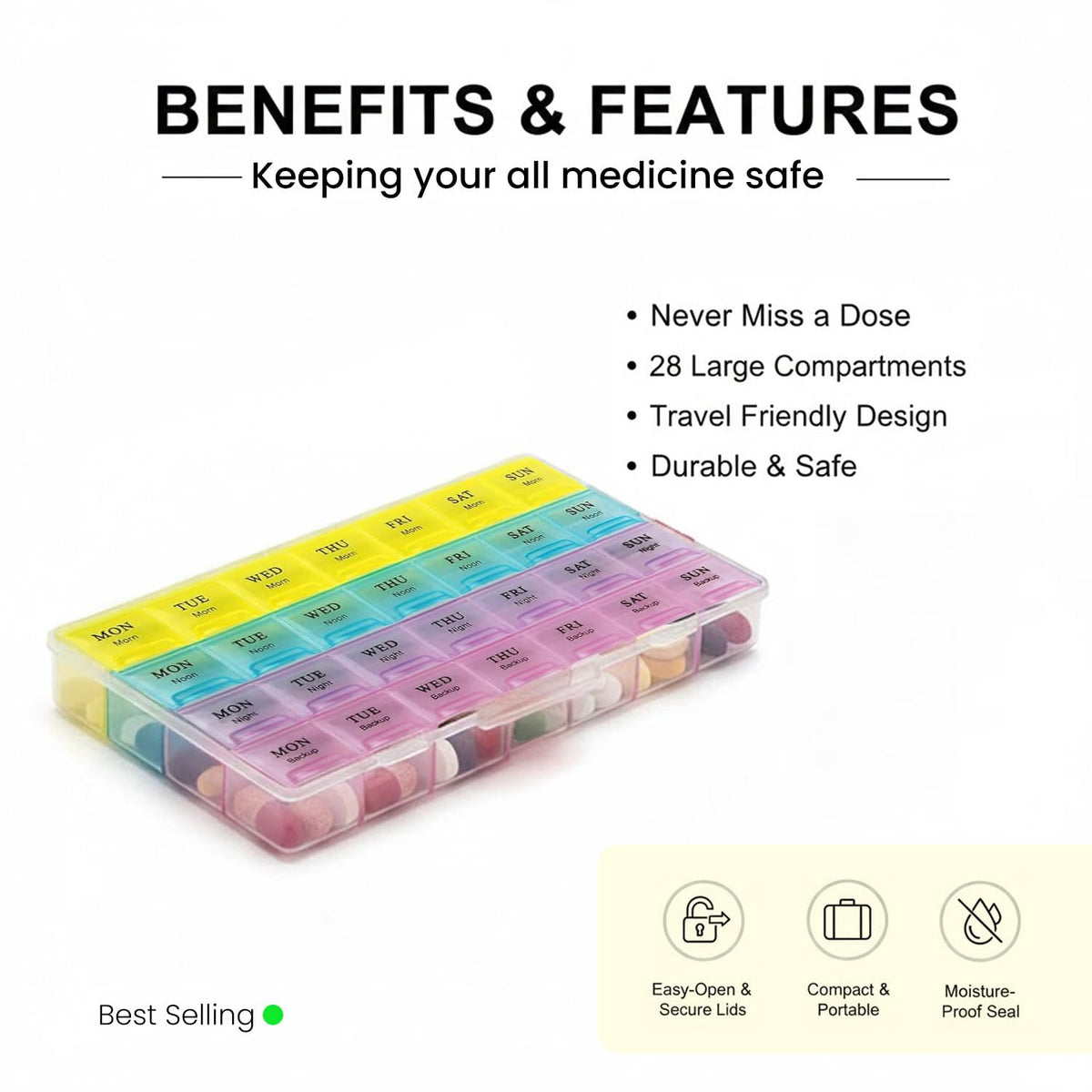 The rainbow-colored pill organizer filled with pills, with text describing its benefits and features on a white background.