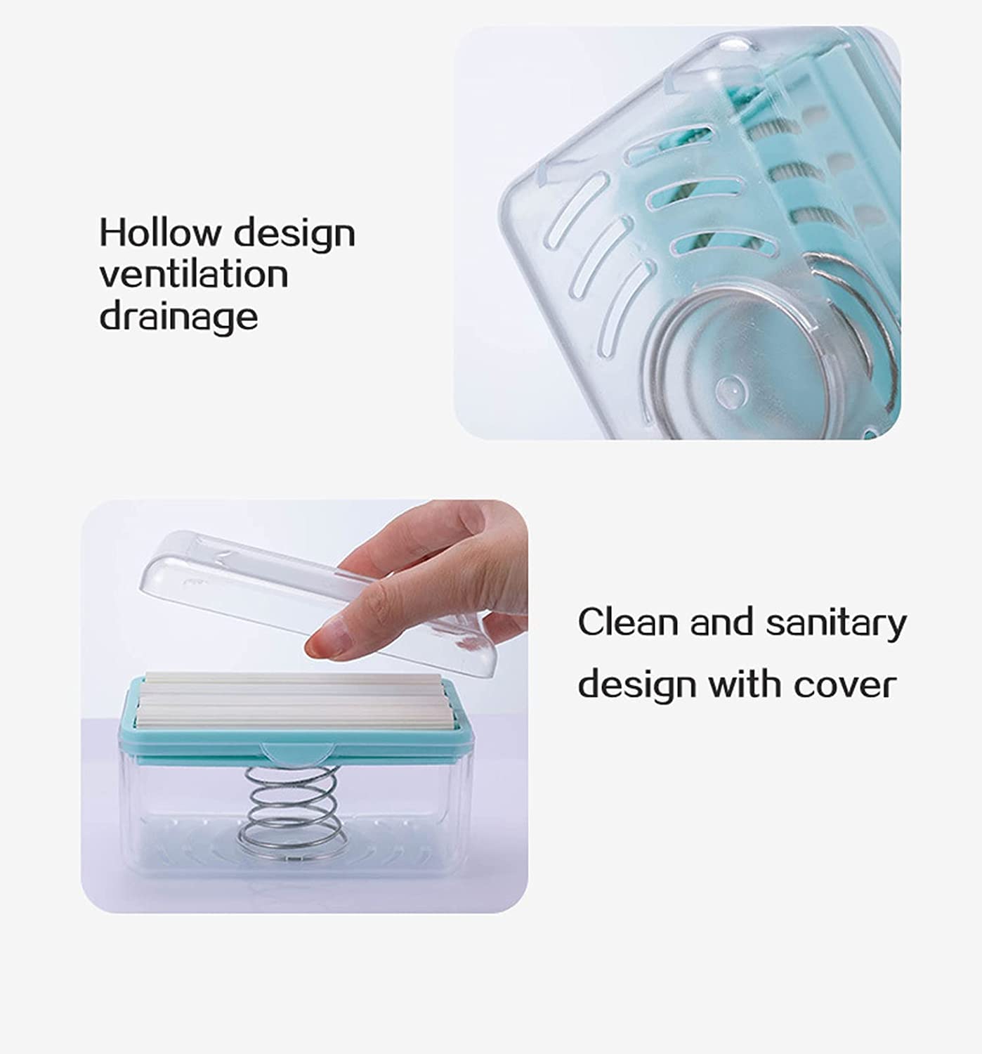 Three images show the clear soap dispenser's hollow design for ventilation and drainage, and its covered design.