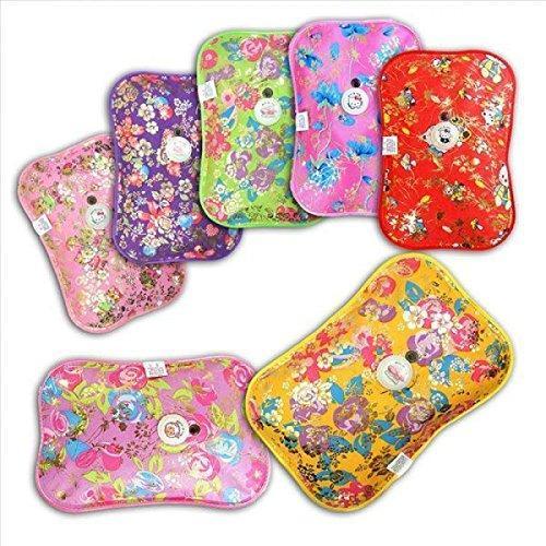 Seven colorful floral hot water bags in various patterns are arranged on a white background, some with chargers.