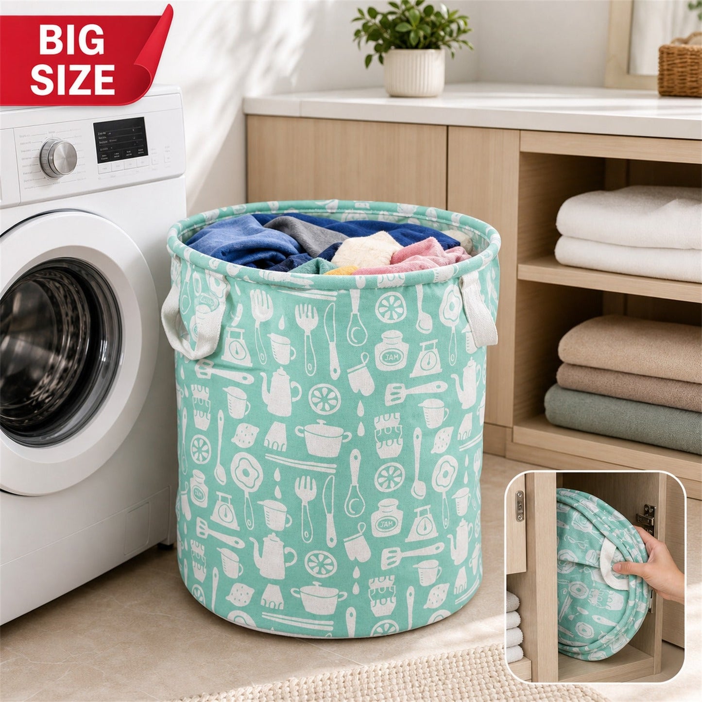 Mint green laundry hamper with white kitchen utensil pattern, full of clothes next to a washing machine.