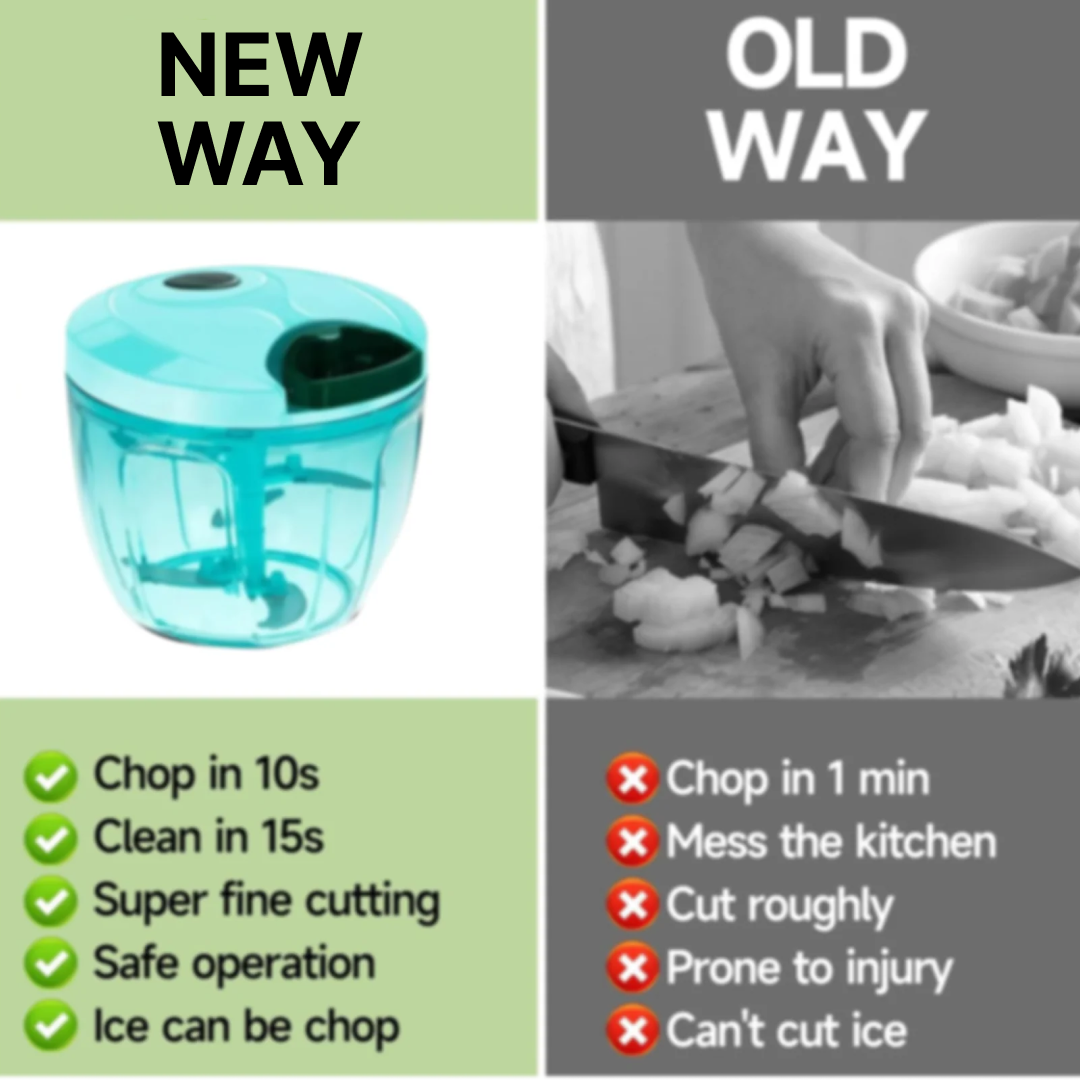 Comparison of the teal food chopper next to a black and white image of hands chopping vegetables with a knife.