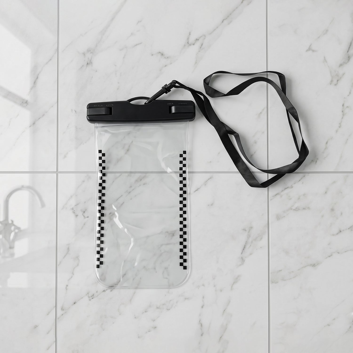 Studio shot demonstrating waterproof mobile pouch design
