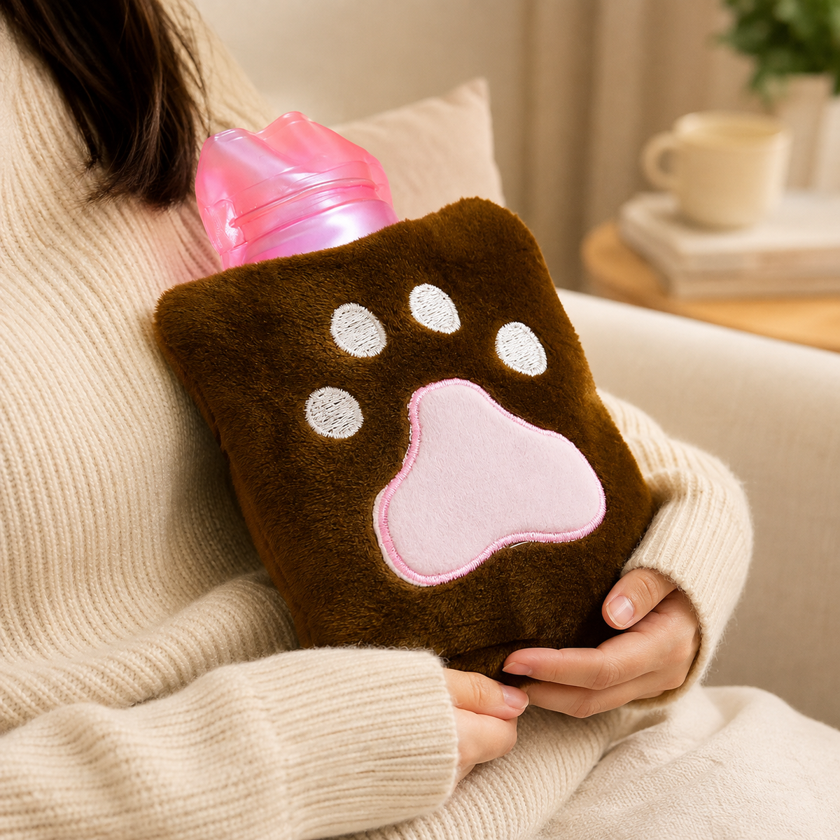 A person in a cream sweater holds a brown hot water bag with a pink paw print design.
