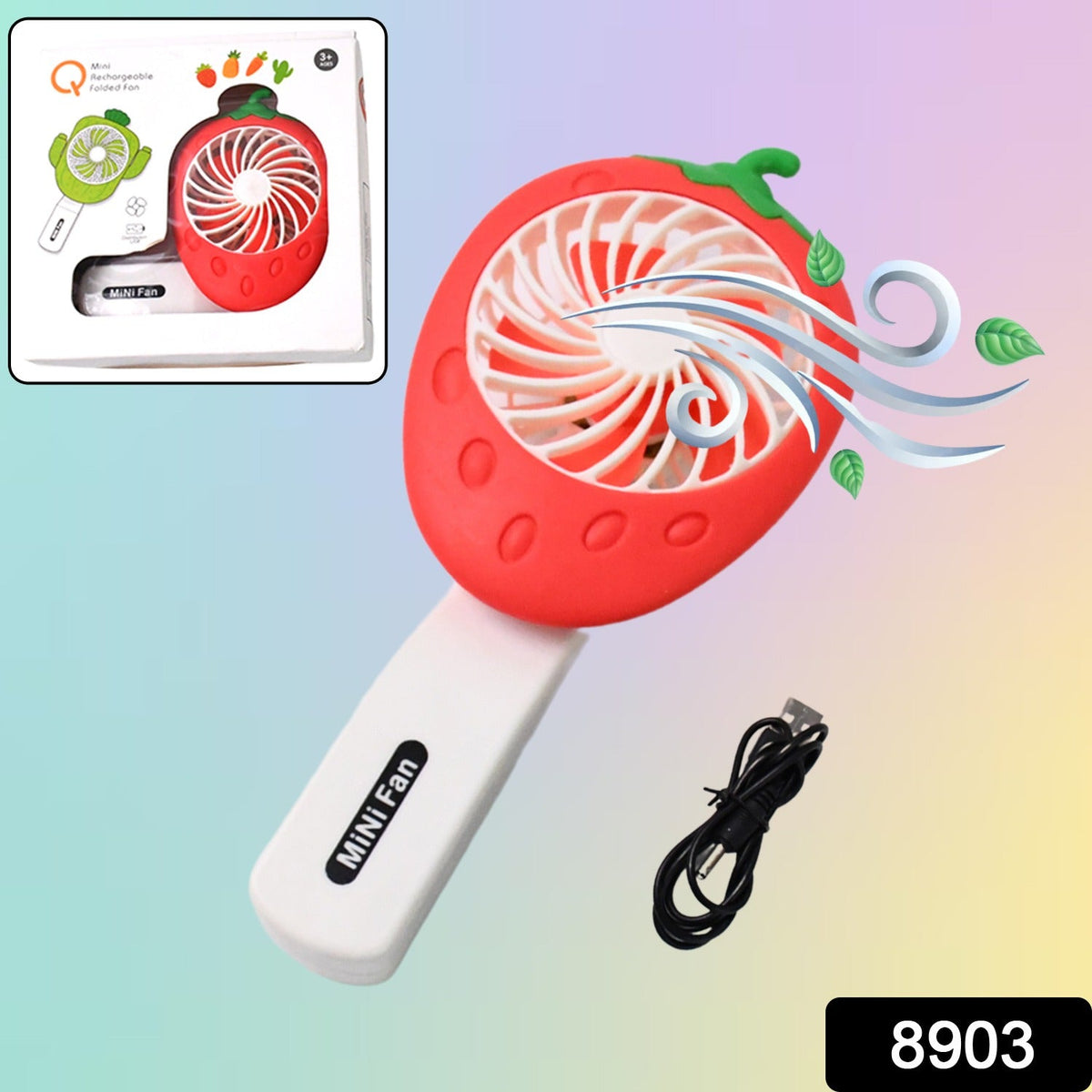 A red strawberry-shaped handheld mini fan with a white handle and a black USB cable, with its product box in the top left.