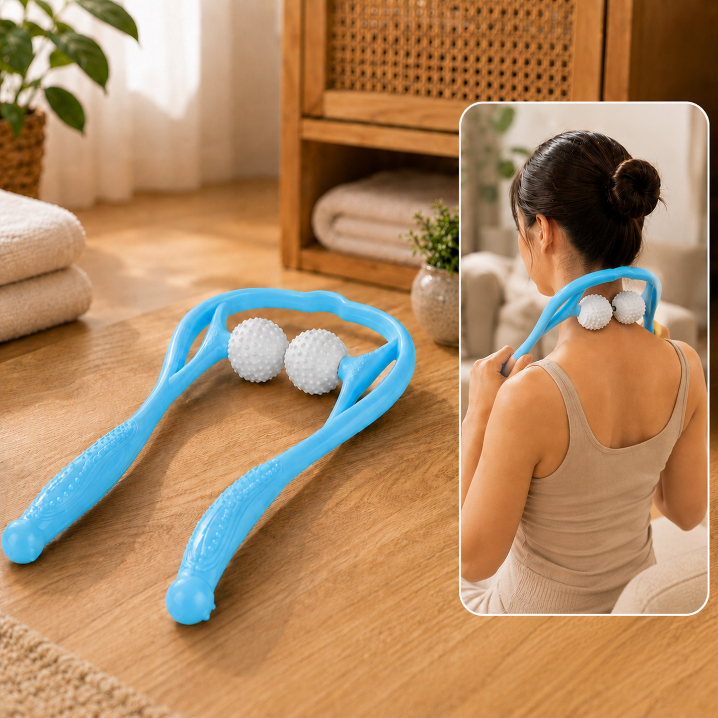 A blue U-shaped neck massager with two white textured balls rests on a wooden floor, with a woman using it on her neck in an
