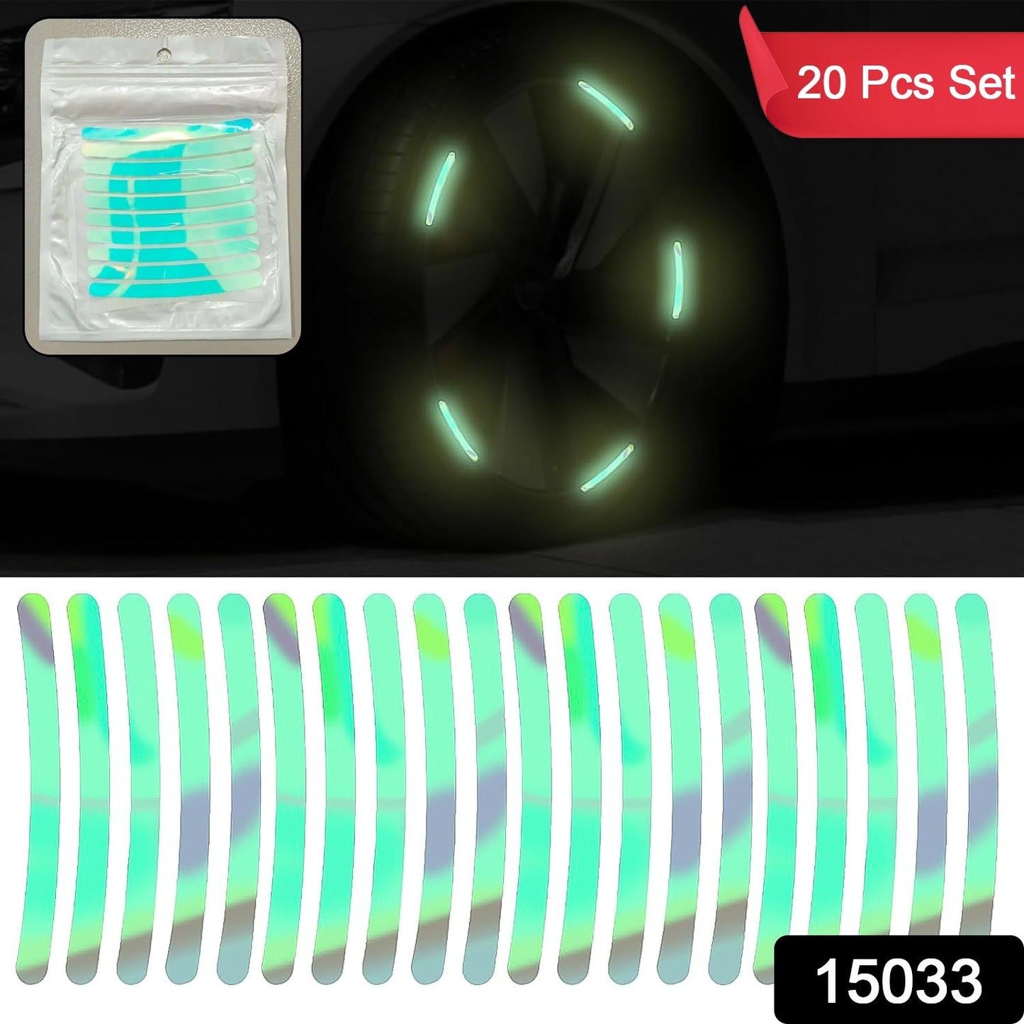 A package of 20 reflective stickers and a dark car wheel with glowing green stickers on the rim.