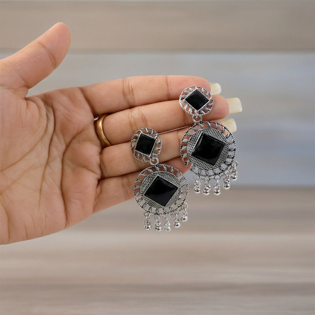 Vintage Charm Black Stone Oxidized Silver Earrings