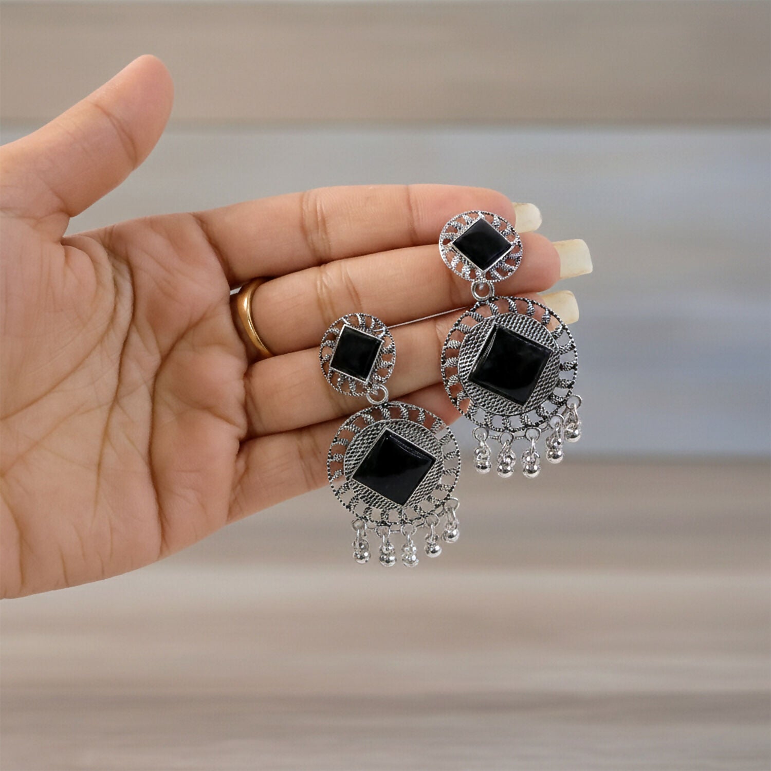 Vintage Charm Black Stone Oxidized Silver Earrings